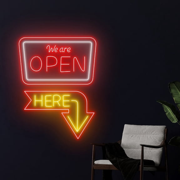 Handmadetneonsign We Are Open Here Neon Sign, Arrow Direction Wall Art Decor, Open Welcome Wall Decor