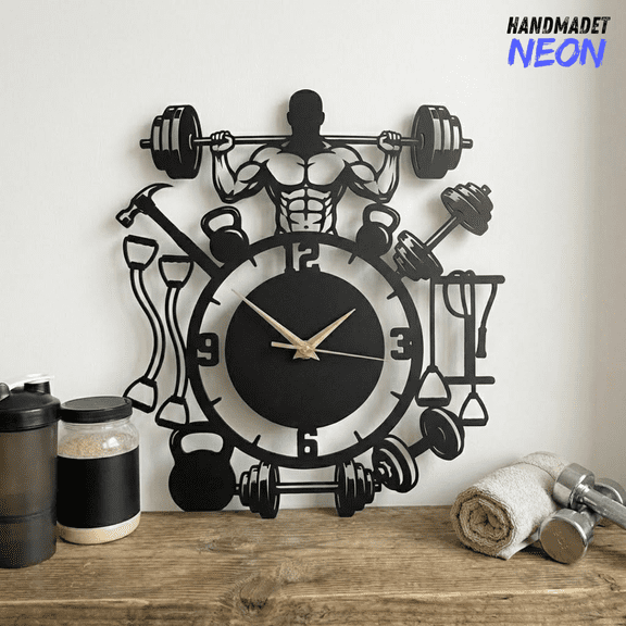 Handmadetneonsign Weightlifting Metal Wall Clock, Gymer Gift, Fitness Room Decor