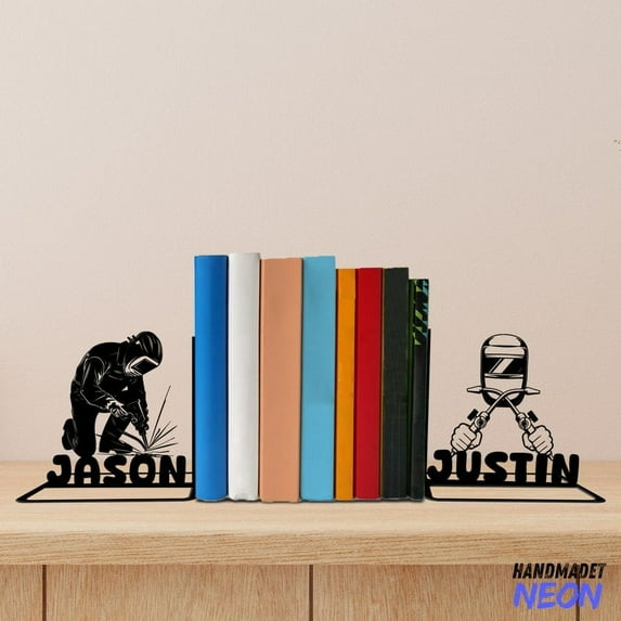 Handmadetneonsign Welder Metal Bookends, Welder Name Bookend, Welding Table Bookshelf Home Decor 76794