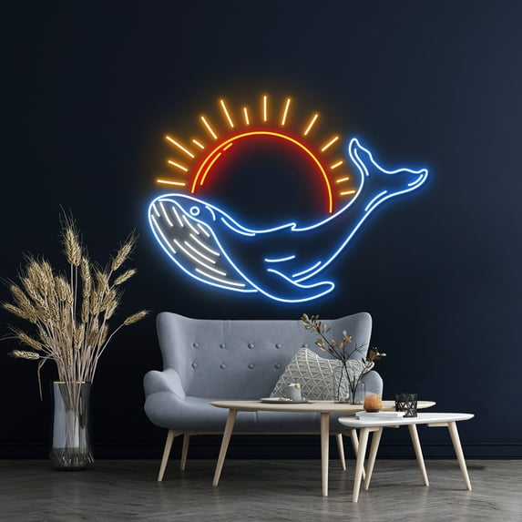Handmadetneonsign Whale With Sun Led Sign, Whale With Sunset Neon Sign, Wall Decor, Whale Led Light