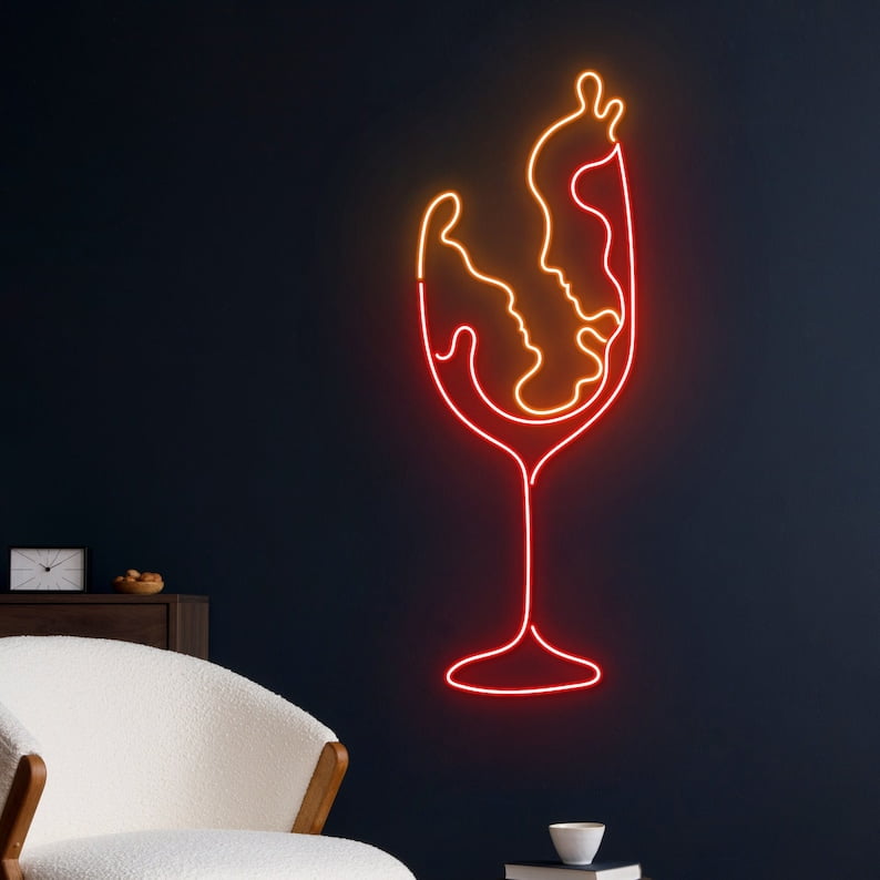 Handmadetneonsign Wine Glass Couple Neon Light, Wine Glass Lover Neon Sign, Drinking Wine Led