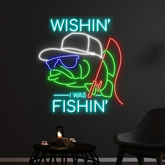 Handmadetneonsign Wishing I Was Fishing Neon Light, Fishing Rod Led Light, Fisher Neon Sign