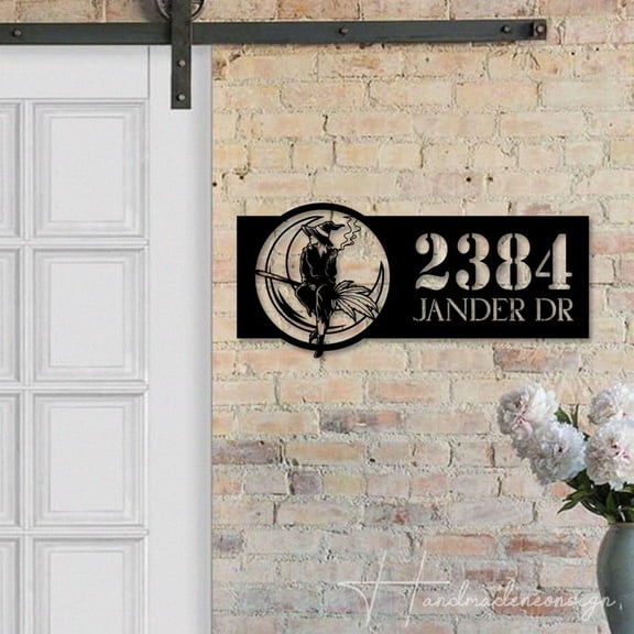 Handmadetneonsign Witch On Crescent Moon House Number Metal Wall Art LED Light - Personalized Sign Home Decor 44808