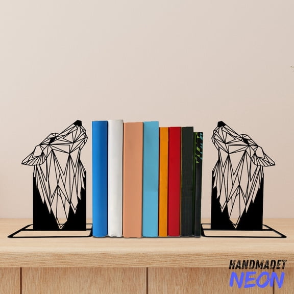 Handmadetneonsign Wolf Geometric Metal Bookends, Wolf Name Bookend, Wolf Table Bookshelf Decor 042478
