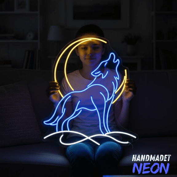 Handmadetneonsign Wolf with Moon Neon Sign, Gift For Wolf Lover, Man Cave Decor