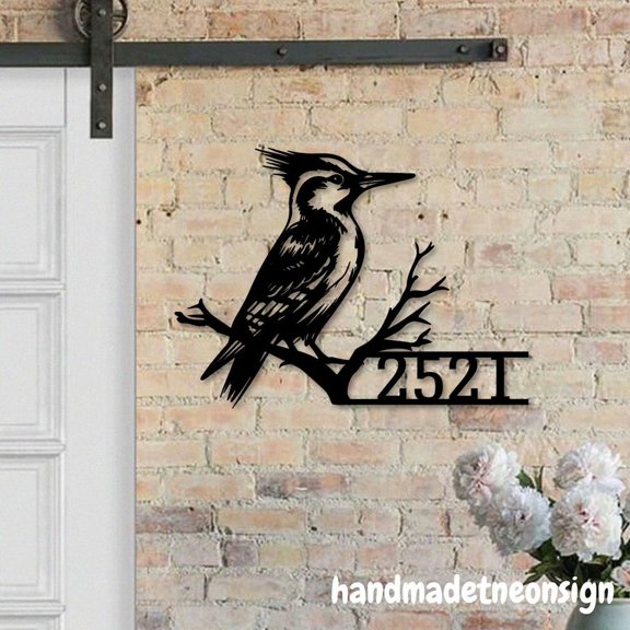 Handmadetneonsign Woodpecker Home Number Metal, Bird House Number Metal Decor, Address Wall Sign 041410