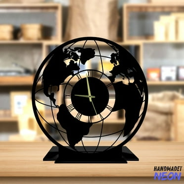 Handmadetneonsign World Map Tabletop Metal Clock, Earth Desktop Clock, Silent Clock Home Decor 75749