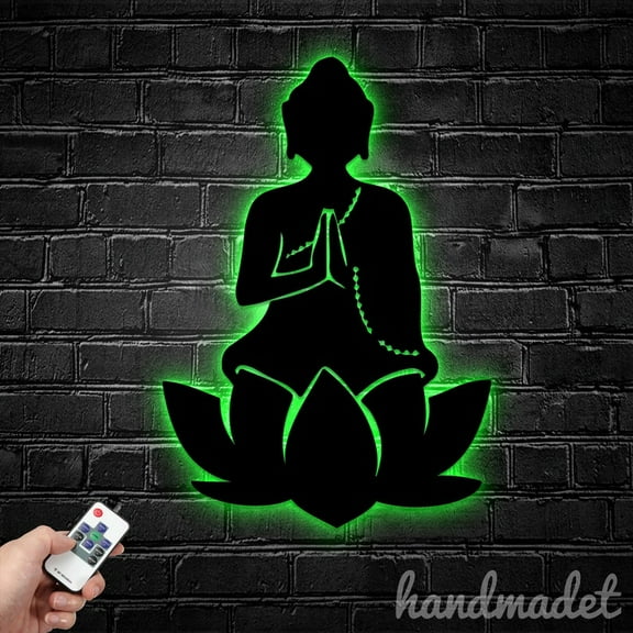 Handmadetneonsign Yoga Buddha On A Lotus Metal Wall Art LED Light, Buddhist Name Metal Sign Decor