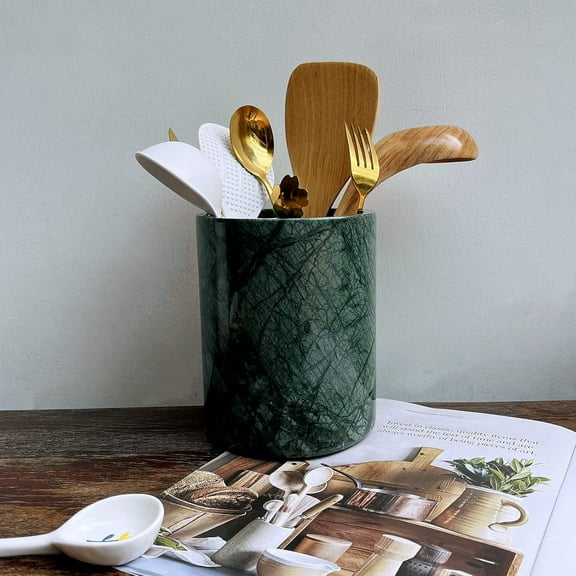 Handmand Natural Marble Stone Vintage Kitchen Utensil Holder - 5.1" D X 6.3" H Kitchen Counter Organizers and Storage Tool Crock (Indian Green)