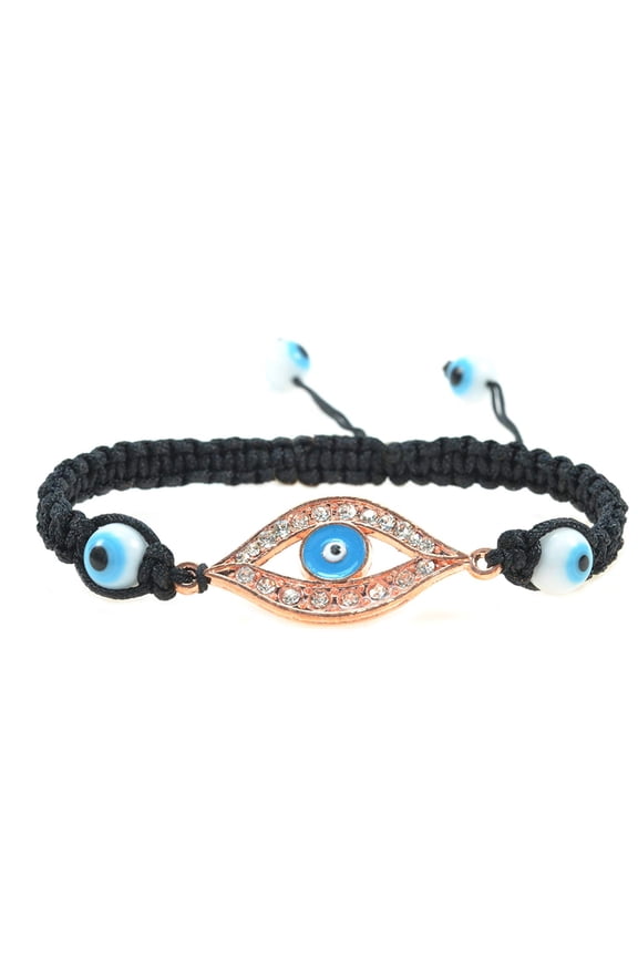Handmande Brass Blue Evil Eye Crystal Black Adjustable String Bracelet - Good for Protection - 91099