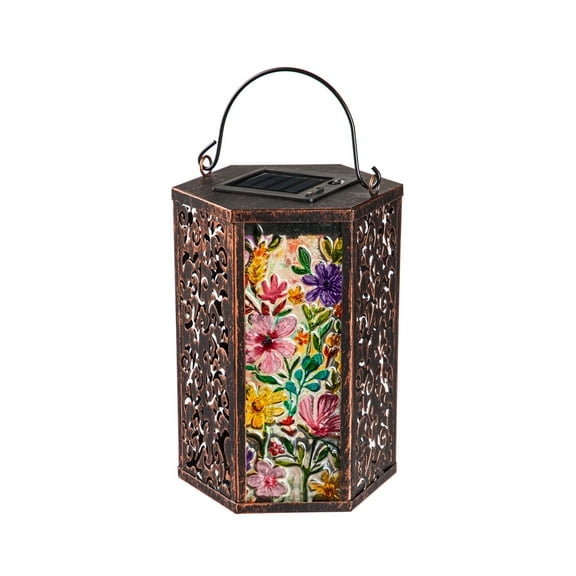 Home & Garden Wild Flowers Solar Lantern Metal Hand Painted Embossed 2Sp7049