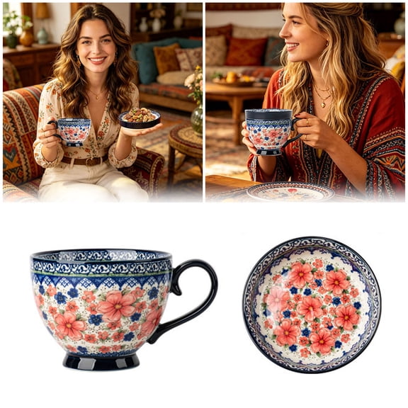 Handpainted Large Soup Bowl With Handle&Lid, 17Oz 500Ml Onion Soup Bowls Microwave & Oven Safe, Polish Pottery Pasta Bowls Large Serving Bowl, Decorative Bowl For Soup, Stew, Cereal (Cornflower)