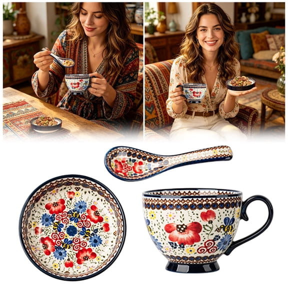 Handpainted Large Soup Bowl With Handle&Lid,Spoon 17Oz 500Ml Onion Soup Bowls Microwave & Oven Safe, Polish Pottery Pasta Bowls Large Serving Bowl, Decorative Bowl For Soup, Stew, Cereal (Cornflower)