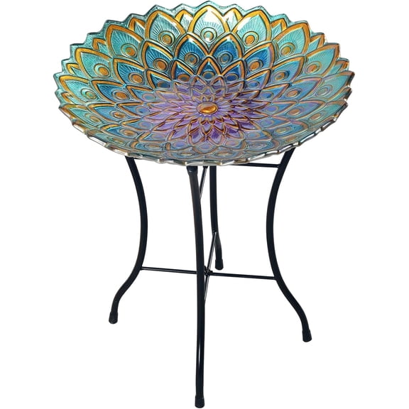 Handpainted Mosaic Flower Fusion Glass Pedestal Bird Bath for Outdoor Patio Garden Backyard Decking Décor, 21 inch Height, Blue and Purple