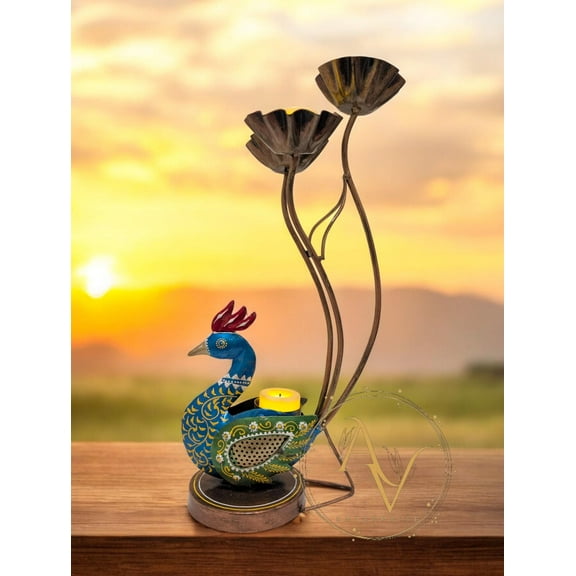 Handpainted Peacock Tealight Candle Holder | Metal Peacock Candle Holder with Lotus Design | design | Lamp | home decor| figurines