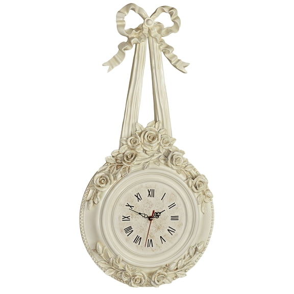 Handpainted Ribbons and Roses Wall Clock, Antique White, Vintage Ribbon Bow & Roses Design