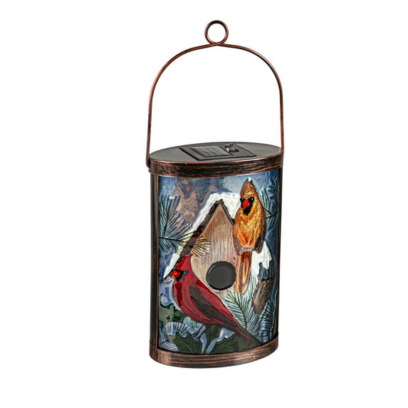 Handpainted Solar Glass Lantern, Winter Cardinal Couple