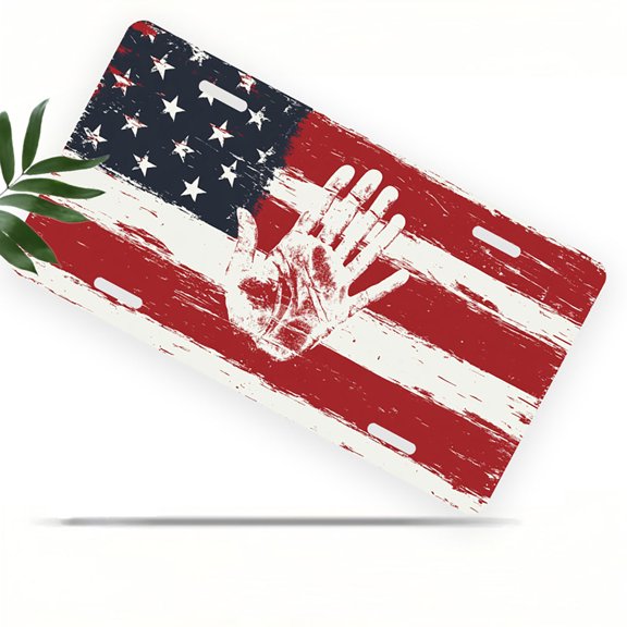 Handprint on American Flag Front License Plate, Metal License Plate, Funny Standard Plates Personalized Novelty Decorative For Men/Women/Boys/Girls Car 6×12 Inch