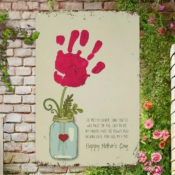 Handprint Art Flower Jar Metal Sign - Mother's Day Gift for Mom, Grandma, Nana - Rustic Wall Decor with Mason Jar & Red Flower Design - 8x12 Inch Decorative Sign & Plaques