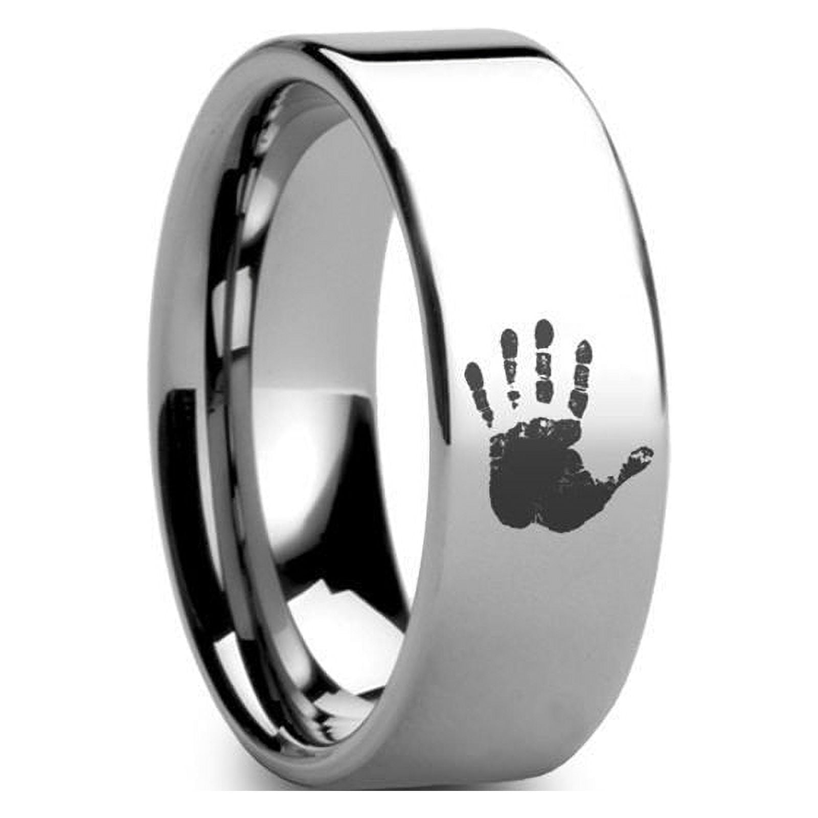 Handprint Engraved Flat Pipe Cut Tungsten Ring Polished 8mm Size 13