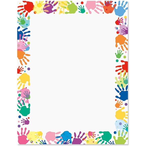 Handprint Frame Kids Party Letter Paper - Birthday Stationery Papers With Decorative Border Designs, Printable Holiday, Wedding, & Party Invitation Letterhead Sheets, Set of 25, 8 1/2" x 11"