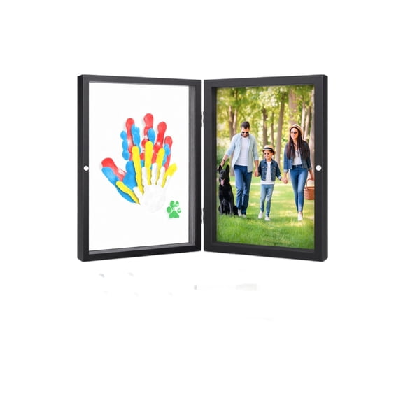 Handprint Set for the Whole Family, Frame with Space for 4 Family Members, Unique Family Handprint Gift with Acrylic Paints, DIY Magnetic Photo Frame Wooden Gift Set