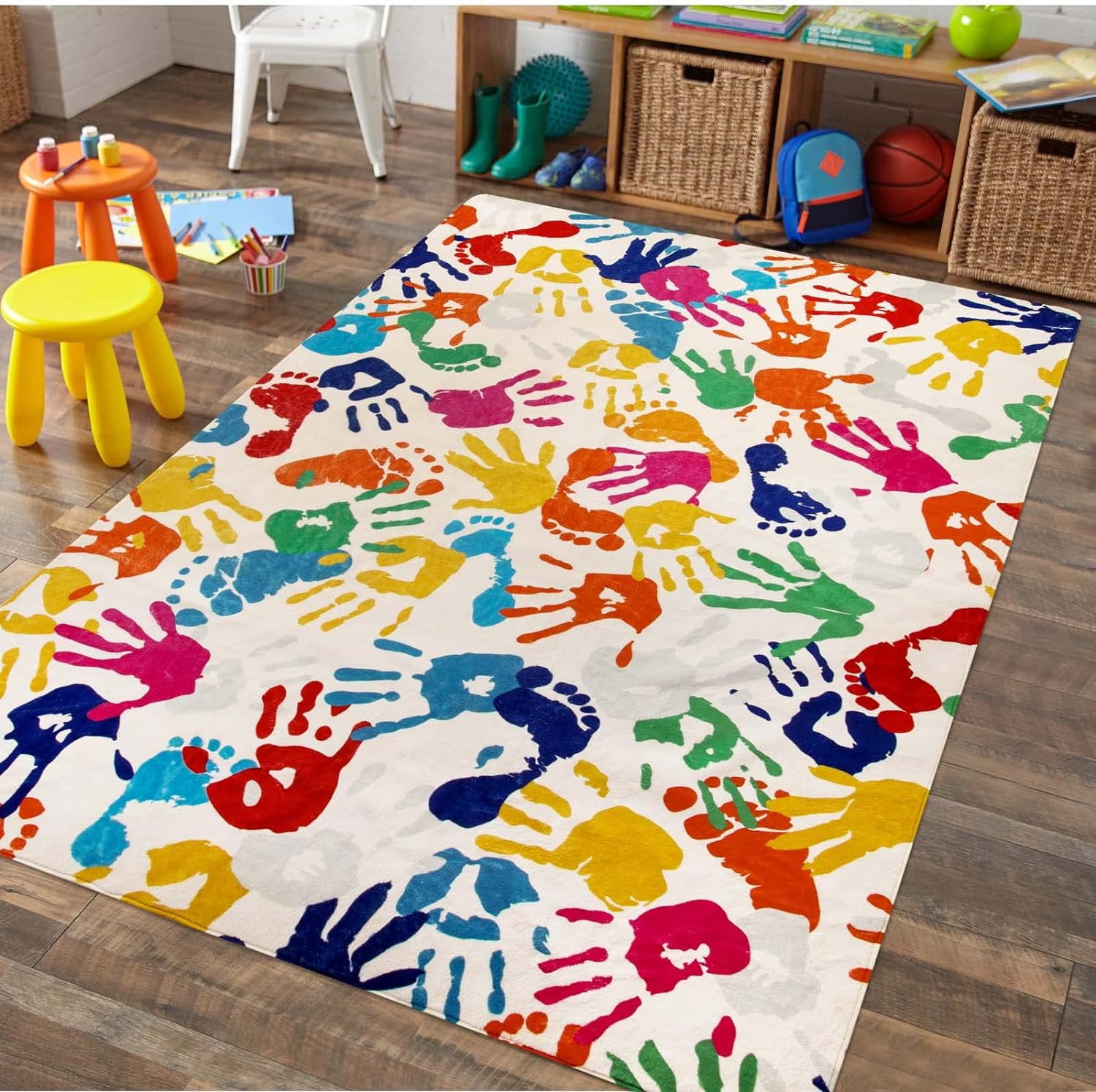 Handprints and footprints large kids rug 5 x7 washable colorful area