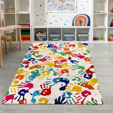 Handprints And Footprints Large Kids Rug , Washable Colorful Area Rug For Nursery Room, Non-Slip Play Mat Ultra Soft Indoor Carpet For Bedroom Playroom Classroom 5x6ft