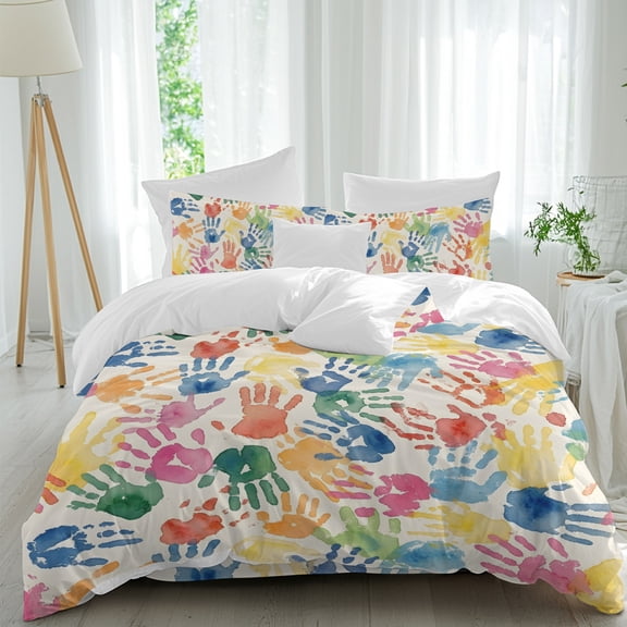 Handprints Full Duvet Cover Set, Modern Boho Nursery Blue Green Pink Colorful Paint Splatters 4 Piece Microfiber Bedding Set with Zipper Closure, Bed Sheet and 2 Pillow Shams, Soft Bedding Cover
