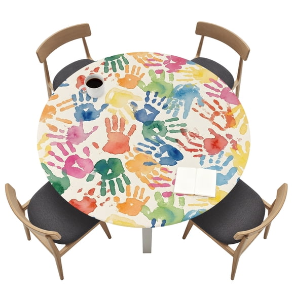 Handprints Round Fitted Table Cover Modern Boho Nursery Blue Green Pink Colorful Paint Splatters Waterproof Table Cloth with Elastic Edge Wipeable Tablecloth for Picnic Camping Fits 36"-44" Tables