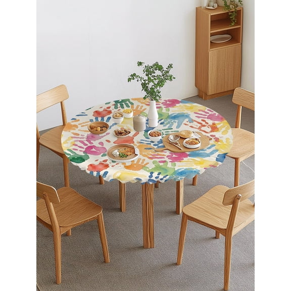 Handprints Round Fitted Tablecloth with Elastic Edge, Modern Boho Nursery Blue Green Pink Colorful Paint Splatters Waterproof Stretch Table Covers for 36"-44" Tables Wipeable Table Cloth for Outdoor