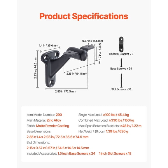 Handrail Hardware Bracket,6 Packs Heavy Duty Hand Rail Brackets,Flexible Angle Adjustment&Easy Install,Stair Railing Hardware for Stairways Handrail,Staircase,Matte Black