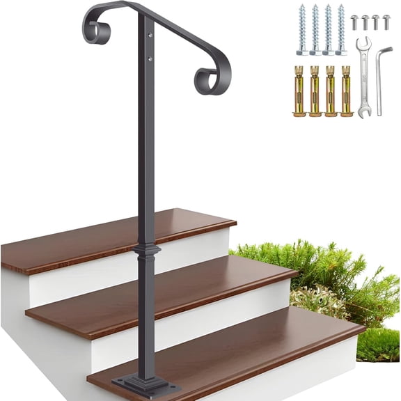 Handrail Railing 38.8‘’H, Single Post Handrail Fits 1 or 2 Steps, Sturdy Outdoor Stair Railing for Concrete&Wooden Steps with Base, Wrought Iron Stair Handrails, Grab Rail for Steps Porch, Gray