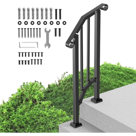 Handrails for Outdoor Steps, 1 Step Stair Hand Rail Kit, Transitional Carbon Steel Railings with Installation Kit, Stair Rails for Seniors, Concrete Steps and Porch and Deck, Black Retro Arch