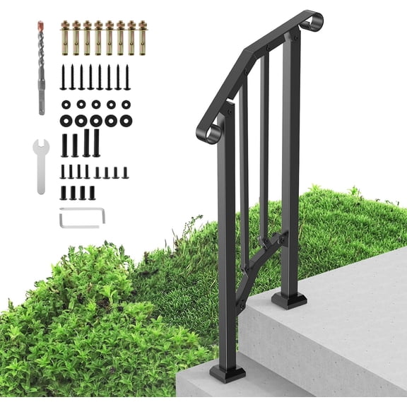 Handrails for Outdoor Steps, 1 Step Stair Hand Rail Kit, Transitional Carbon Steel Railings with Installation Kit, Stair Rails for Seniors, Concrete Steps & Porch & Deck, Black Retro Arch