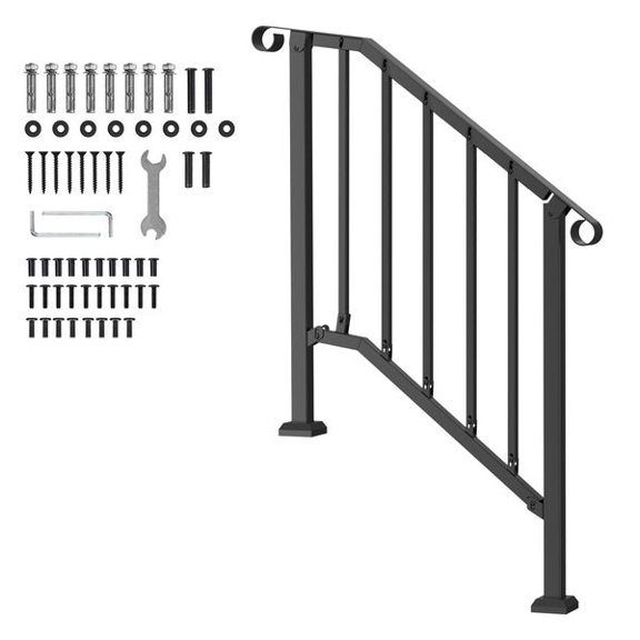 Handrails for Outdoor Steps, 2-3 Step Stair Hand Rail Kit, Transitional Carbon Steel Railings with Installation Kit, Stair Rails for Seniors, Concrete Steps & Porch & Deck, Black Retro Arch