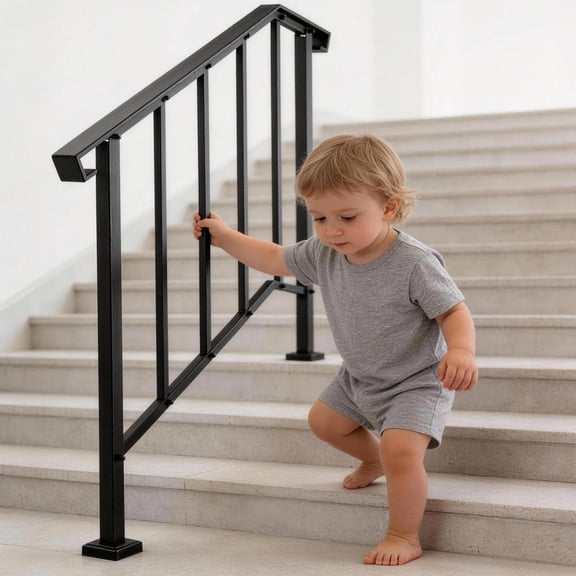 Handrails for Outdoor Steps, 2 Step Stair Hand Rail Kit, Transitional Carbon Steel Railings with Installation Kit, Stair Rails for Seniors, Concrete Steps & Porch & Deck, Black Retro Arch