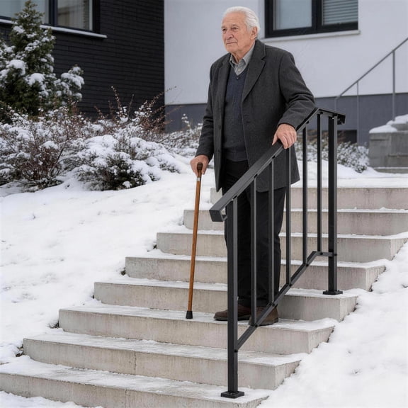 Handrails for Outdoor Steps, 2 Step Stair Hand Rail Kit, Transitional Carbon Steel Railings with Installation Kit, Stair Rails for Seniors, Concrete Steps & Porch & Deck, Black Retro Arch