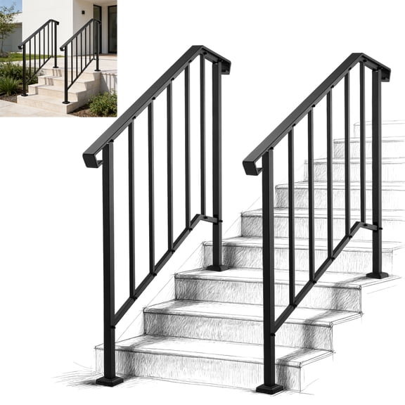 Handrails for Outdoor Steps, 2 Step Stair Hand Rail Kit, Transitional Carbon Steel Railings with Installation Kit, Stair Rails for Seniors, Concrete Steps & Porch & Deck, Black Retro Arch