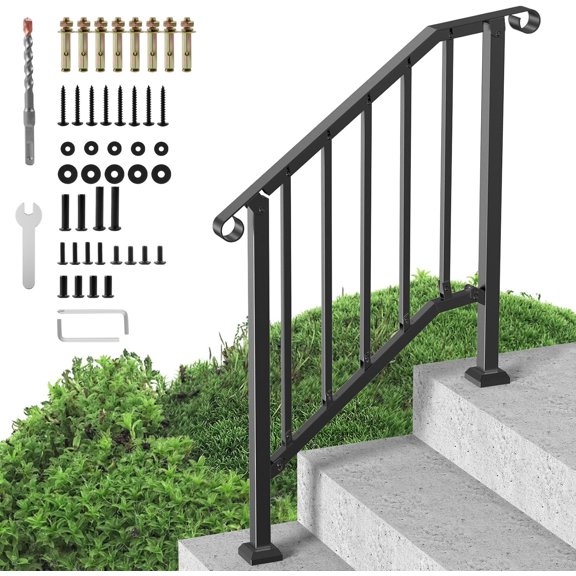 Handrails for Outdoor Steps, 2 Step Stair Hand Rail Kit, Transitional Carbon Steel Railings with Installation Kit, Stair Rails for Seniors, Concrete Steps & Porch & Deck, Black Retro Arch