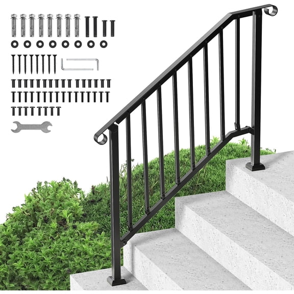 Handrails for Outdoor Steps, 3-4 Step Stair Hand Rail Kit, Transitional Iron Railings with Installation Kit, Stair Rails for Seniors, Concrete Steps & Porch & Deck, Black Retro Arch