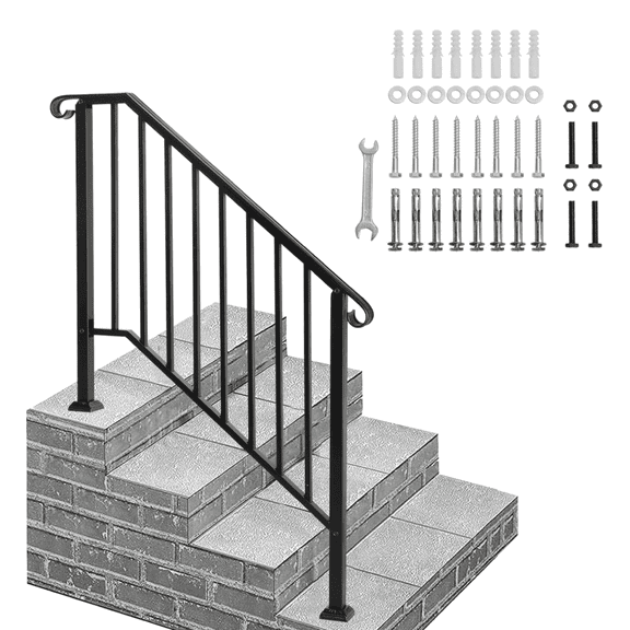 Handrails for Outdoor Steps, 3-4 Step Stair Handrail Kit, Transitional Iron Railings with Installation Kit, Stair Rails for Seniors, Concrete Steps and Porch and Deck, Black Retro Arch
