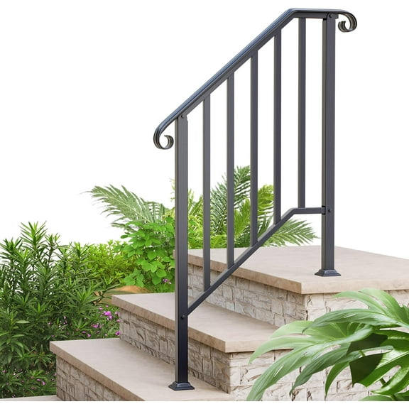 Handrails for Outdoor Steps, 3 Step Wrought Iron Stair Railing Kit Fits 2 or 3 Steps, Metal Hand Rail with Installation Kit, Staircase Handrails for Concrete, Porch, Deck Steps, Black (1-3 Step)