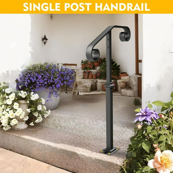 Handrails for Outdoor Steps, 38.8" Single Post handrail Fit 1-2 Steps Outdoor Stair Railing, Wrought Iron Handrail,Transitional Porch Railings for Concrete Steps or Wooden Stairs with Base