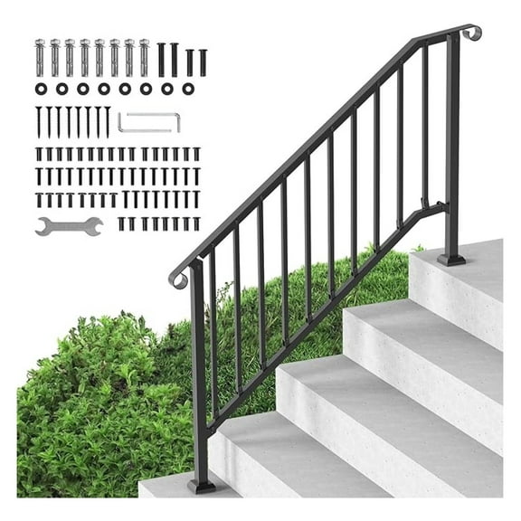 Handrails for Outdoor Steps, 5 Step Stair Hand Rail Kit, Transitional Carbon Steel Railings with Installation Kit, Stair Rails for Seniors, Concrete Steps & Porch & Deck, Black Arch