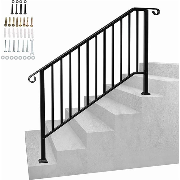 Handrails for Outdoor Steps, Black Wrought Iron Handrail Fits 4 or 5 Steps, Transitional Handrail with Installation Kit, Stair Railing for Concrete Steps or Wooden Stairs