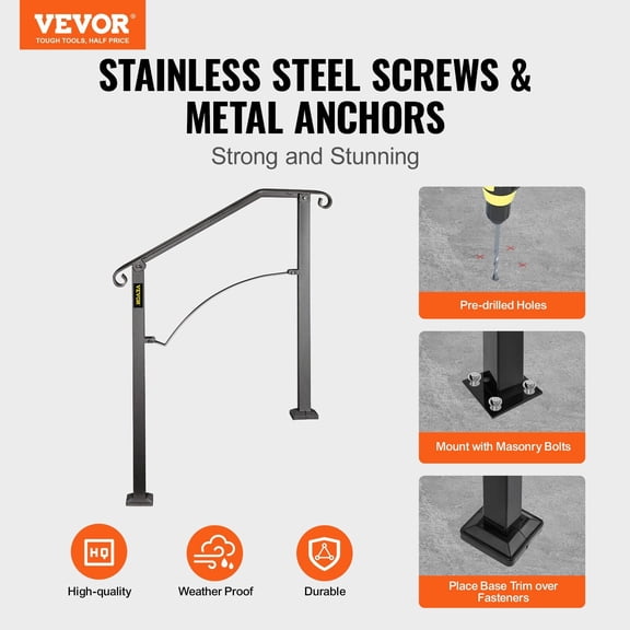 Handrails for Outdoor Steps,Fit 2 or 3 Steps Outdoor Stair Railing,Arch#2 Wrought Iron Handrail,Flexible Porch Railing,Black Transitional Handrails for Concrete Steps or Wooden Stairs