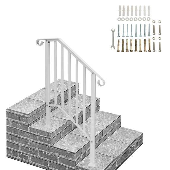 Handrails for Outdoor Steps, Metal Handrail Fits 2 Steps, Stair Railing with Installation Kit, Transitional Handrail for Concrete Steps, Wooden Stairs, White
