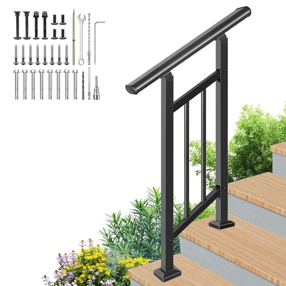 Handrails for Outdoor Steps,Outdoor Stair Railing, 2 Step Handrail Fits 1 to 2 Steps,Easy DIY Installation Kit Included, Black Wrought Iron Hand Rails for Outdoor Steps