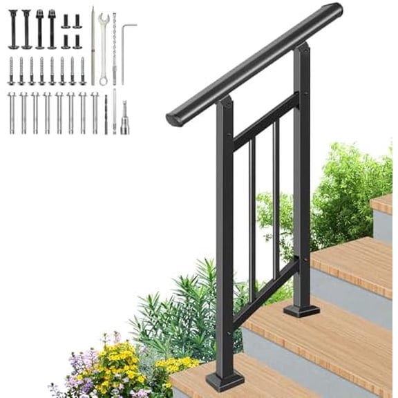 Handrails for Outdoor Steps,Outdoor Stair Railing, 2 Step Handrail Fits 1 to 2 Steps,Easy DIY Installation Kit Included, Black Wrought Iron Hand Rails for Outdoor Steps